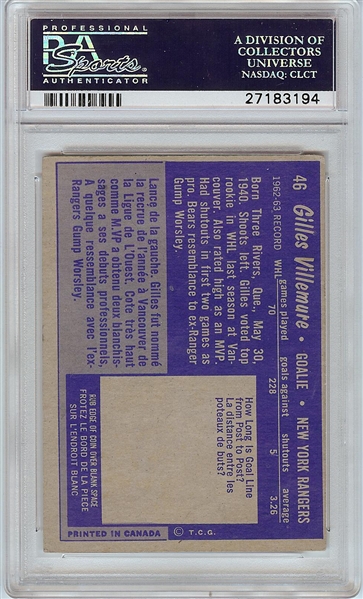 Gilles Veillemure Signed 1963 Topps RC No. 48 (Graded PSA/DNA 9)