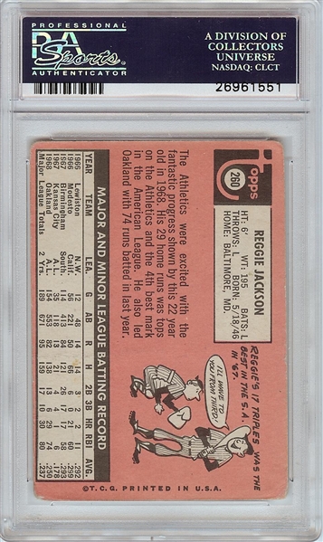 Reggie Jackson Signed 1969 Topps RC No. 260 (Graded PSA/DNA 9)