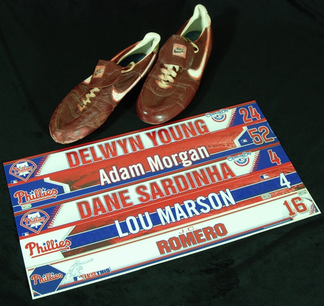 Ron Reed Signed Game-Used Cleats with Phillies Locker Room Nameplates (7 total items)