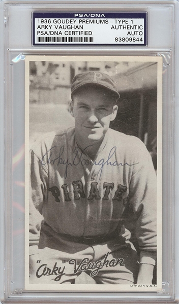 Arky Vaughan Signed 1936 Goudey Premiums Type 1 (PSA/DNA)