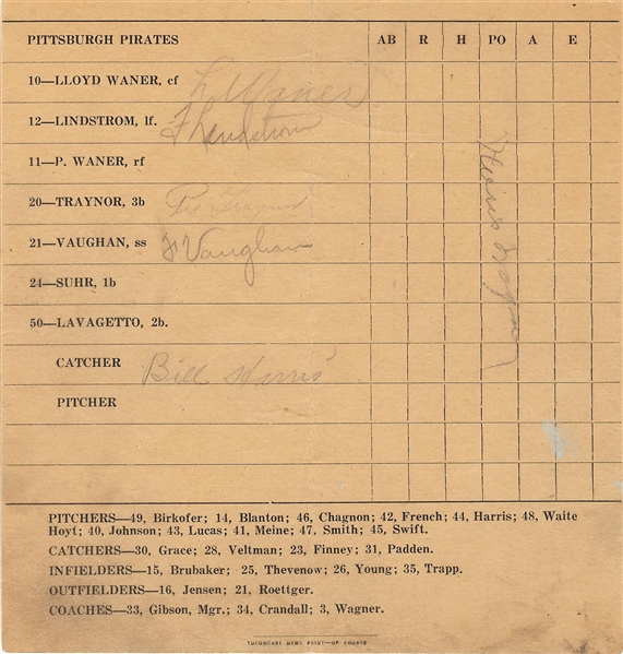 Honus Wagner, Pie Traynor, Lloyd Waner & Others Signed 1934 Scorecard (PSA/DNA)