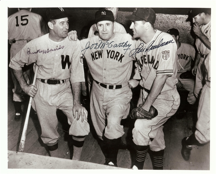 Bucky Harris, Joe McCarthy & Lou Boudreau Signed 8x10 Photo (BAS)