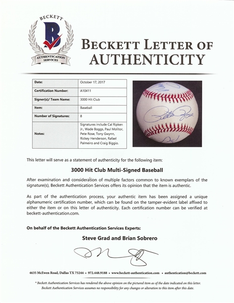 3000 Hit Club Multi-Signed ONL Baseball (8) (BAS)