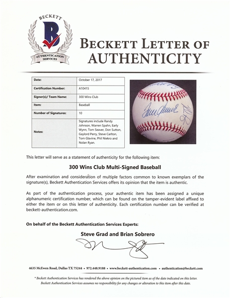 300 Win Multi-Signed ONL Baseball (10) (BAS)