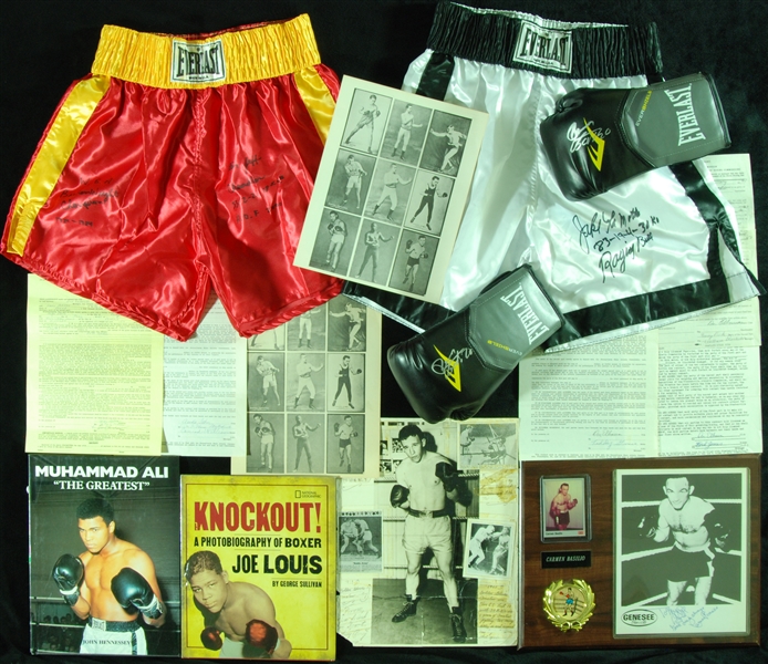 Jake LaMotta & Jeff Chandler Signed Boxing Trunks, with Oddball Boxing Items