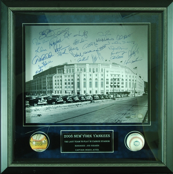 2008 New York Yankees Team-Signed Yankee Stadium 1950 Opening Day 16x20 Photo with Baseballs Shadowbox (29) (Steiner)