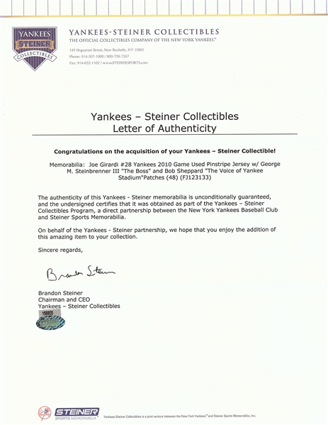 Joe Girardi 2010 Game-Used NY Yankees Home Jersey with Steinbrenner & Sheppard Patches (Steiner)