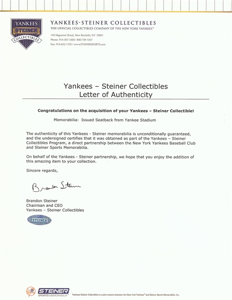 Mariano Rivera Signed Yankee Stadium Seatback (Steiner) (MLB)