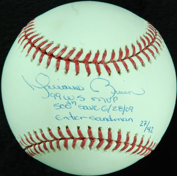 Mariano Rivera Single-Signed OML Baseball 99 WS MVP, #42, 500th Save 6/28/09, Enter Sandman (27/42) (Steiner)