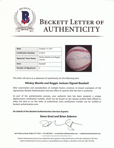 Mickey Mantle & Reggie Jackson Signed OAL Baseball Dated Aug. 20, 80 (Steiner) (BAS)