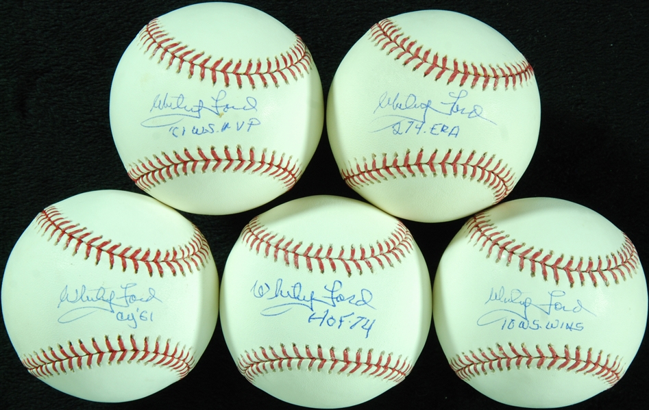 Whitey Ford Single-Signed Baseballs Group Each with Unique Inscription (5) (Steiner)