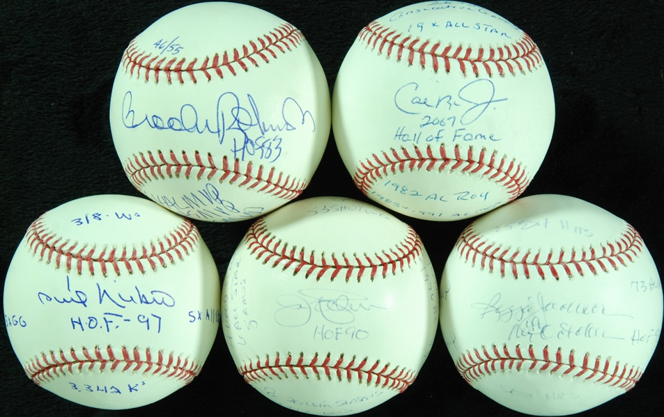 HOFer Single-Signed STAT Baseballs Group with Jackson, Ripken, Niekro, Palmer, Brooks Robinson (5)