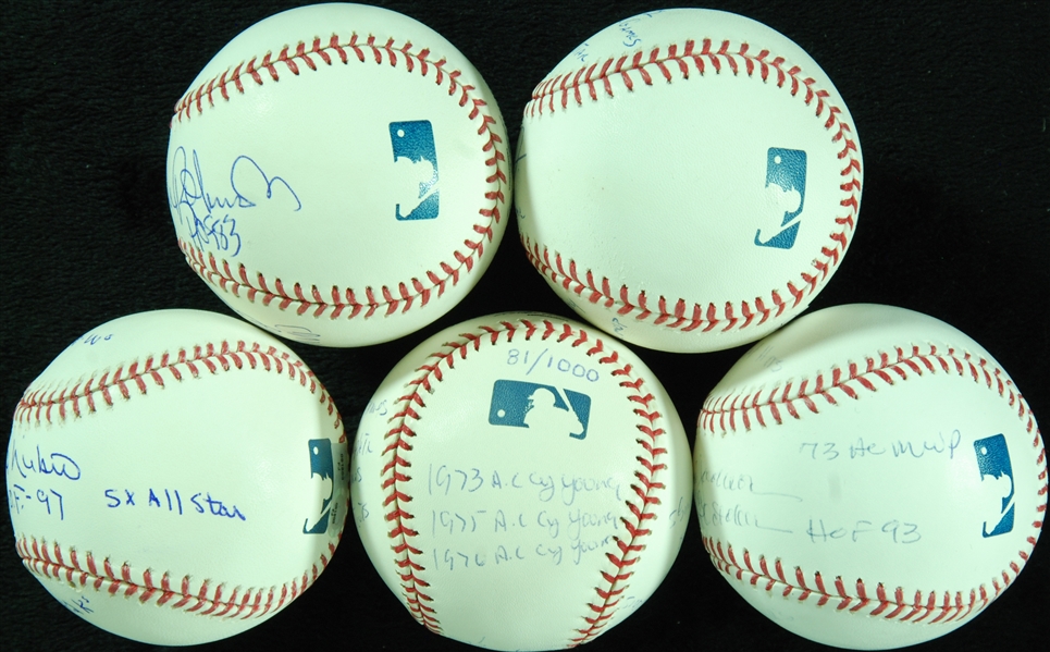 HOFer Single-Signed STAT Baseballs Group with Jackson, Ripken, Niekro, Palmer, Brooks Robinson (5)