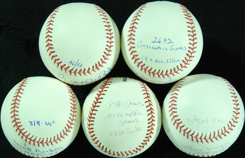 HOFer Single-Signed STAT Baseballs Group with Jackson, Ripken, Niekro, Palmer, Brooks Robinson (5)