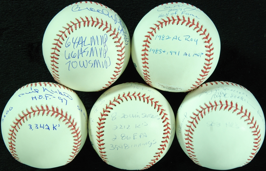 HOFer Single-Signed STAT Baseballs Group with Jackson, Ripken, Niekro, Palmer, Brooks Robinson (5)