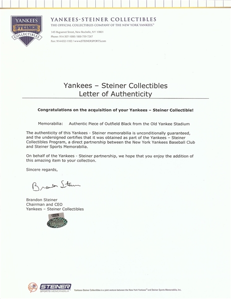 Reggie Jackson Signed Piece of Outfield Black from the Old Yankee Stadium (Steiner)