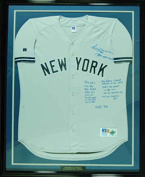 Reggie Jackson Signed NY Yankees Framed Jerseys with 14 Inscriptions (Reggie COA)