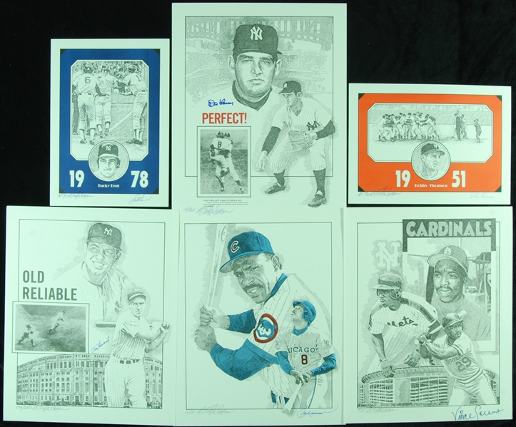 Baseball Signed Murray Tinkelman Original Prints with Don Larsen, Bobby Thomson (6)