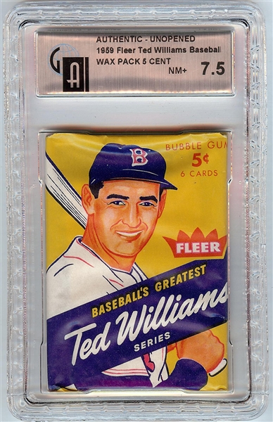 1959 Fleer Ted Williams Baseball Unopened 5-Cent Wax Pack (Graded GAI 7.5)