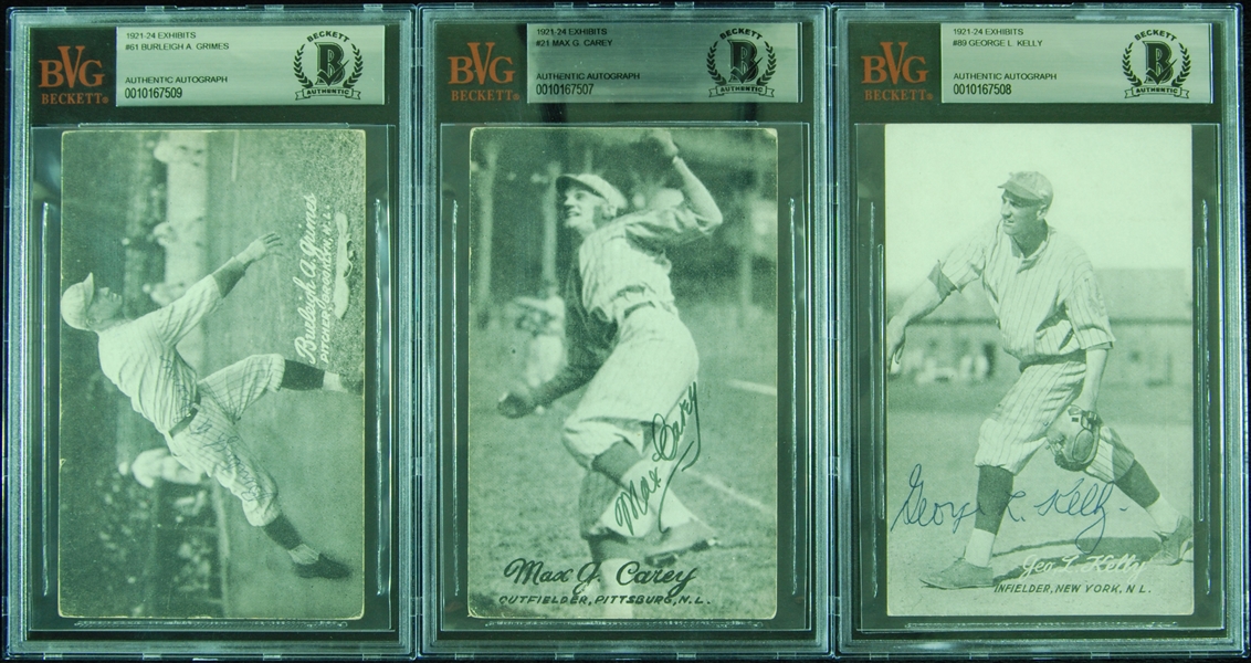 Max Carey, George Kelly & Burleigh Grimes Signed Exhibit Cards (3) (BAS)