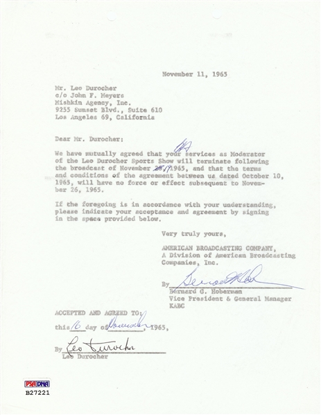 Leo Durocher Signed ABC Contract (1965) (PSA/DNA)