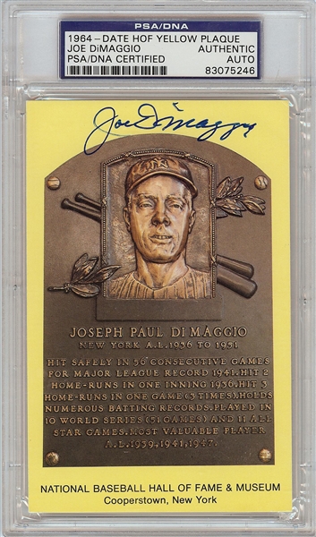 Joe DiMaggio Signed Yellow HOF Plaque Postcard (PSA/DNA)