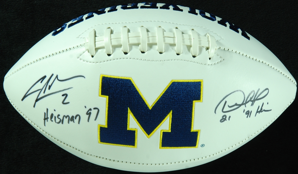 Charles Woodson & Desmond Howard Signed Michigan Logo Football with Heisman Inscriptions (Fanatics)