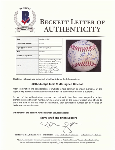 2016 Chicago Cubs World Champs Multi-Signed Game-Used Baseball (Sept. 26, 2016) (8) (MLB) (BAS)