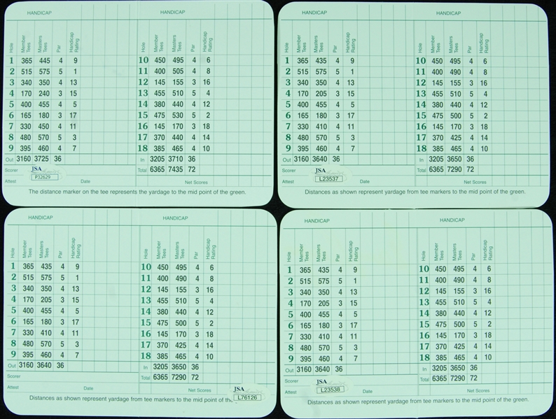 Signed Masters Scorecards Group with Jack Nicklaus, Arnold Palmer, Gary Player (4) (JSA)