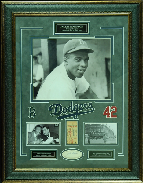 Jackie Robinson Signed Index Card 25x32 Display with 1947 World Series Ticket