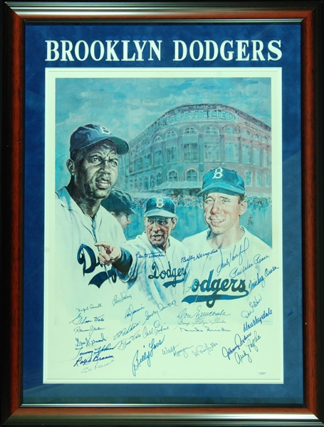 Brooklyn Dodgers HOFers & Stars Signed Framed Poster with Koufax, Drysdale, Reese, Durocher (26) (JSA)