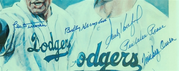 Brooklyn Dodgers HOFers & Stars Signed Framed Poster with Koufax, Drysdale, Reese, Durocher (26) (JSA)