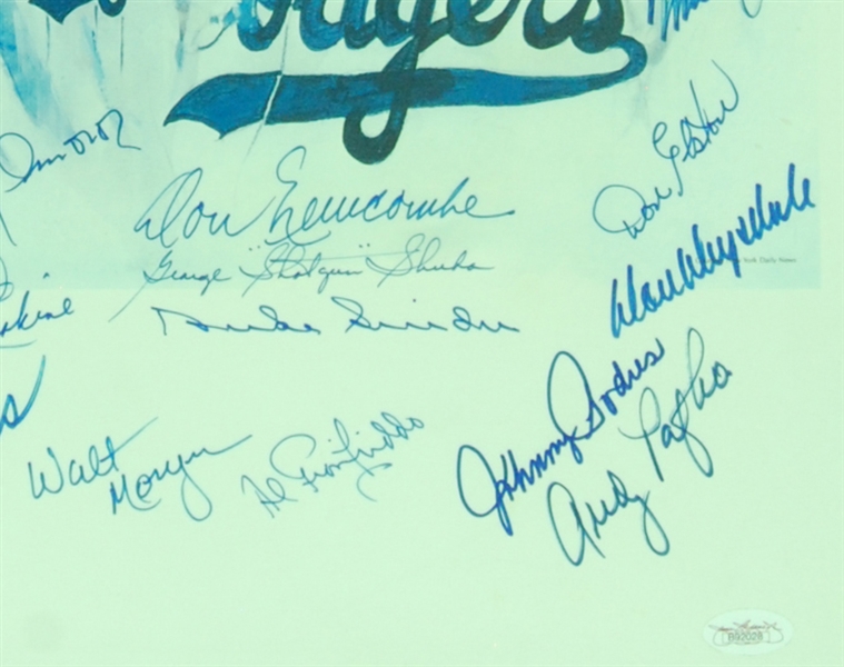 Brooklyn Dodgers HOFers & Stars Signed Framed Poster with Koufax, Drysdale, Reese, Durocher (26) (JSA)