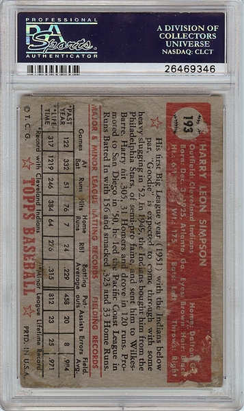 Harry Simpson Signed 1952 Topps No. 193 PSA 1.5 (PSA/DNA)