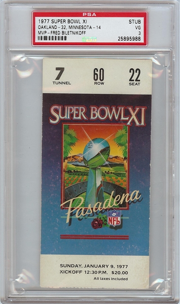 1977 Super Bowl XI Ticket Stub (Oakland 32, Minnesota 14) PSA 3