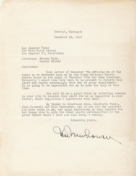 Hal Newhouser Signed Typed Letter to Braven Dyer (1945) (BAS)