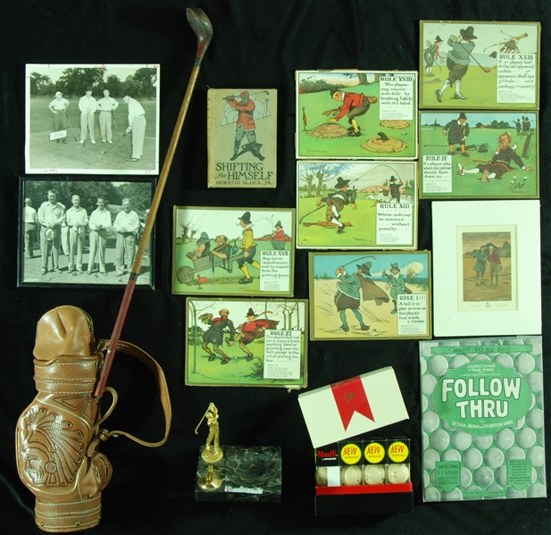 Vintage Golf Memorabilia Group with Charles Crombie Vintage Perrier Golf Prints (7), Leather Bag, Photos, Ashtray