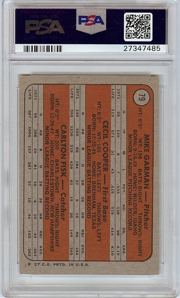 1972 Topps Red Sox Rookies Garman/Cooper/Fisk RC No. 79 PSA 7