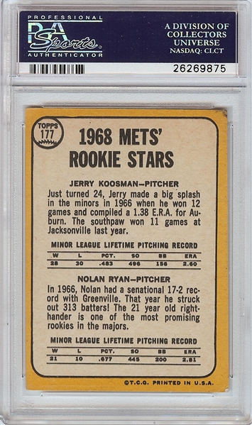 1968 Topps Mets Rookies Koosman/Nolan Ryan RC No. 177 PSA 4