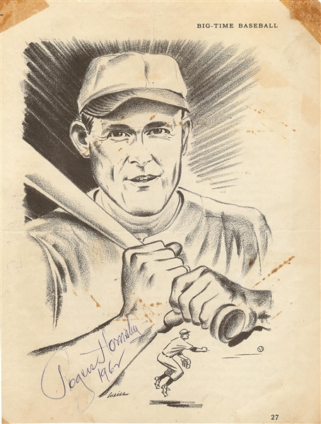 Rogers Hornsby Signed Magazine Page Drawing (JSA)