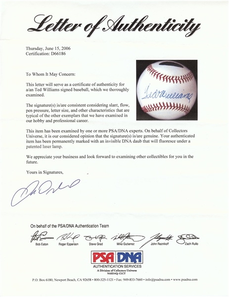 Ted Williams Single-Signed OAL Baseball (Green Diamond) (PSA/DNA)