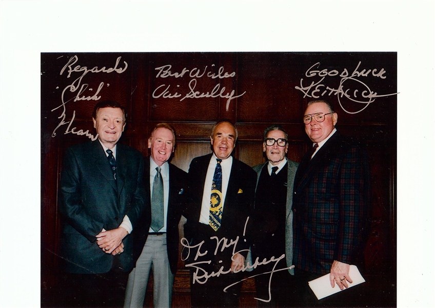 Chick Hearn, Vin Scully, Dick Enberg & Keith Jackson Signed 8.5x6 Photo