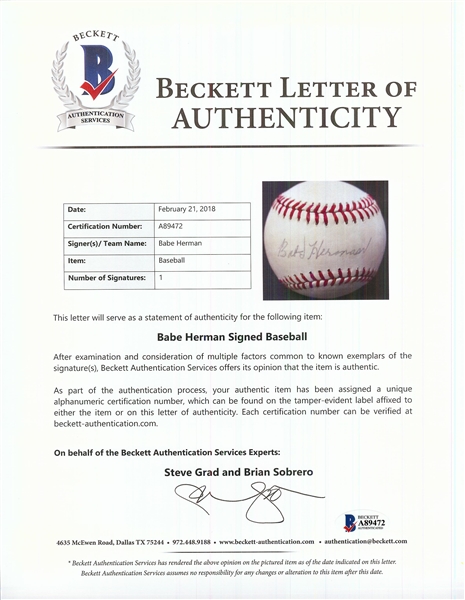 Babe Herman Single-Signed ONL Baseball (BAS)