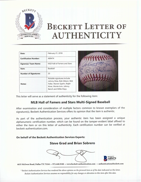 1981 HOF Induction Multi-Signed ONL Baseball (20) (BAS)
