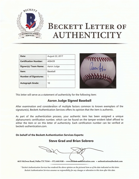 Aaron Judge Single-Signed OML Baseball (Fanatics) (BAS Auto Grade 10)