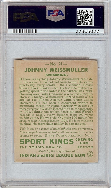 1933 Goudey Sport Kings Johnny Weissmuller (Swimming) No. 21 PSA 4