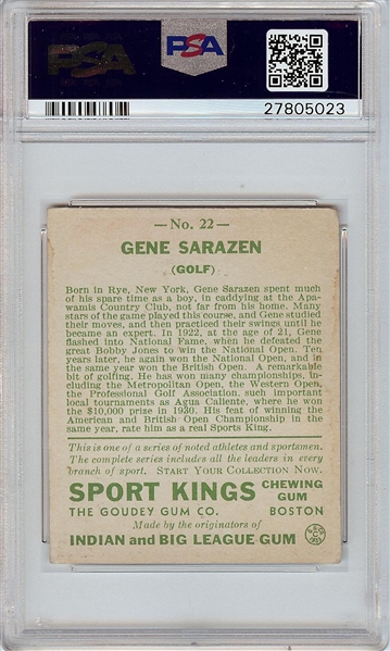 1933 Goudey Sport Kings Gene Sarazen (Golf) No. 22 PSA 3