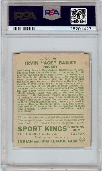 1933 Goudey Sport Kings Ace Bailey (Hockey) No. 29 PSA 5
