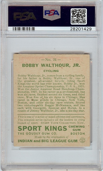 1933 Goudey Sport Kings Bobby Walthour Jr. (Cycling) No. 31 PSA 5.5