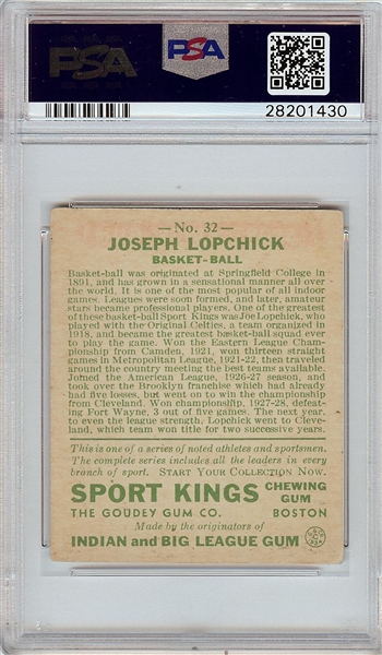1933 Goudey Sport Kings Joe Lopchick (Basketball) No. 32 PSA 4